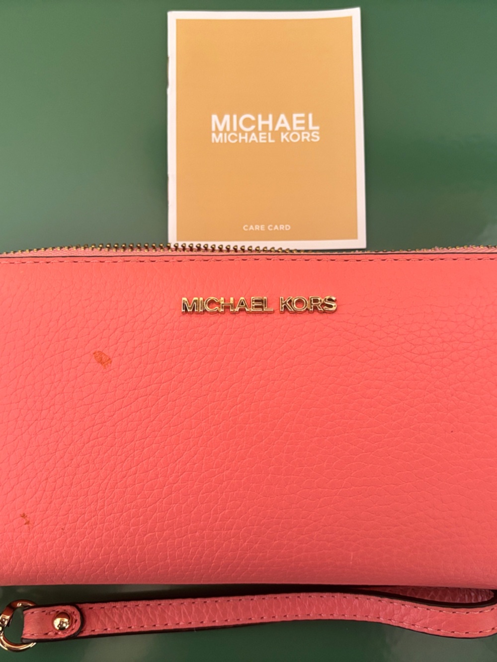 Michael Kors Continental Coral Pink Leather Zip Wristlet with Gold Logo